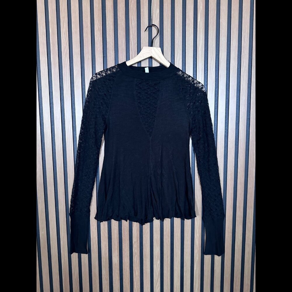 Free People Top Small Black Lace Sheer Long Sleeve Keyhole V Neck Mock Neck